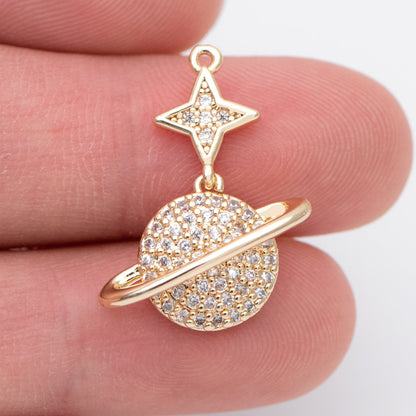 4pcs CZ Pave Gold Star and Saturn Charms 23x18mm, 18K Gold plated Brass, Saturn Pendants (GB-1173-B)