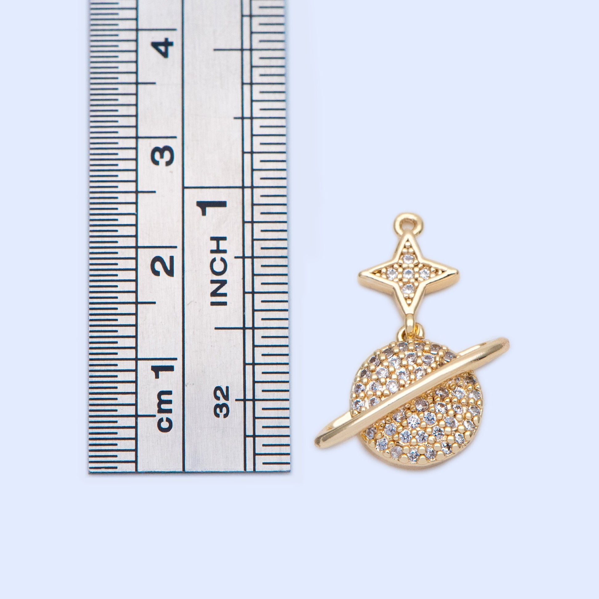 4pcs CZ Pave Gold Star and Saturn Charms 23x18mm, 18K Gold plated Brass, Saturn Pendants (GB-1173-B)