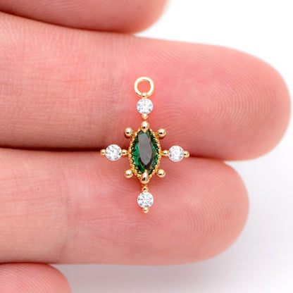 10pcs CZ pave Emerald Charm 17x11mm, Gold Plated Brass Cross Charm Pendant (GB-1276)