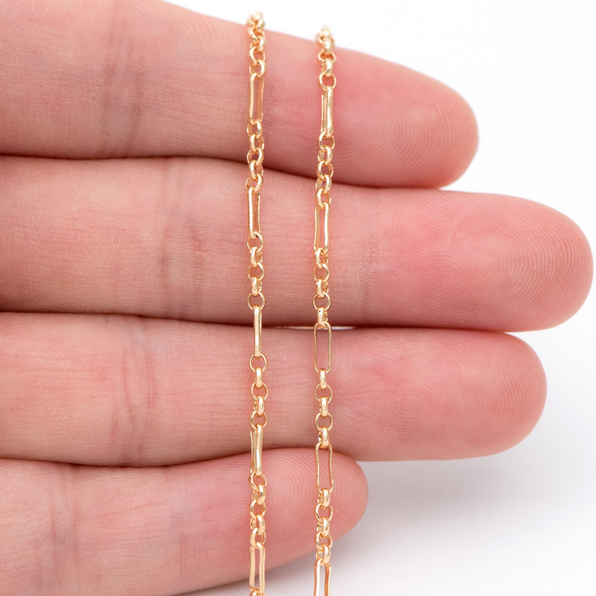 Gold plated Brass Figaro Chains 2.3mm, Long and Short Link Chains (#LK-235-1)/ 1 Meter=3.3 ft