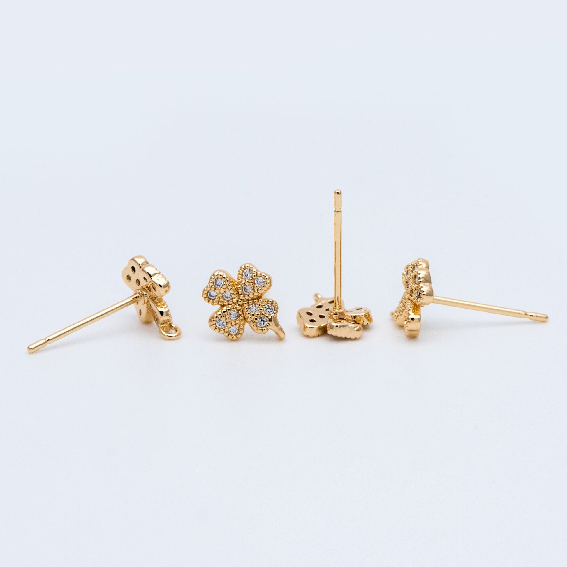10pcs CZ Pave Gold Clover Ear Posts 9x7mm, Gold Plated Brass Stud Earrings, DIY Ear Findings (GB-768)