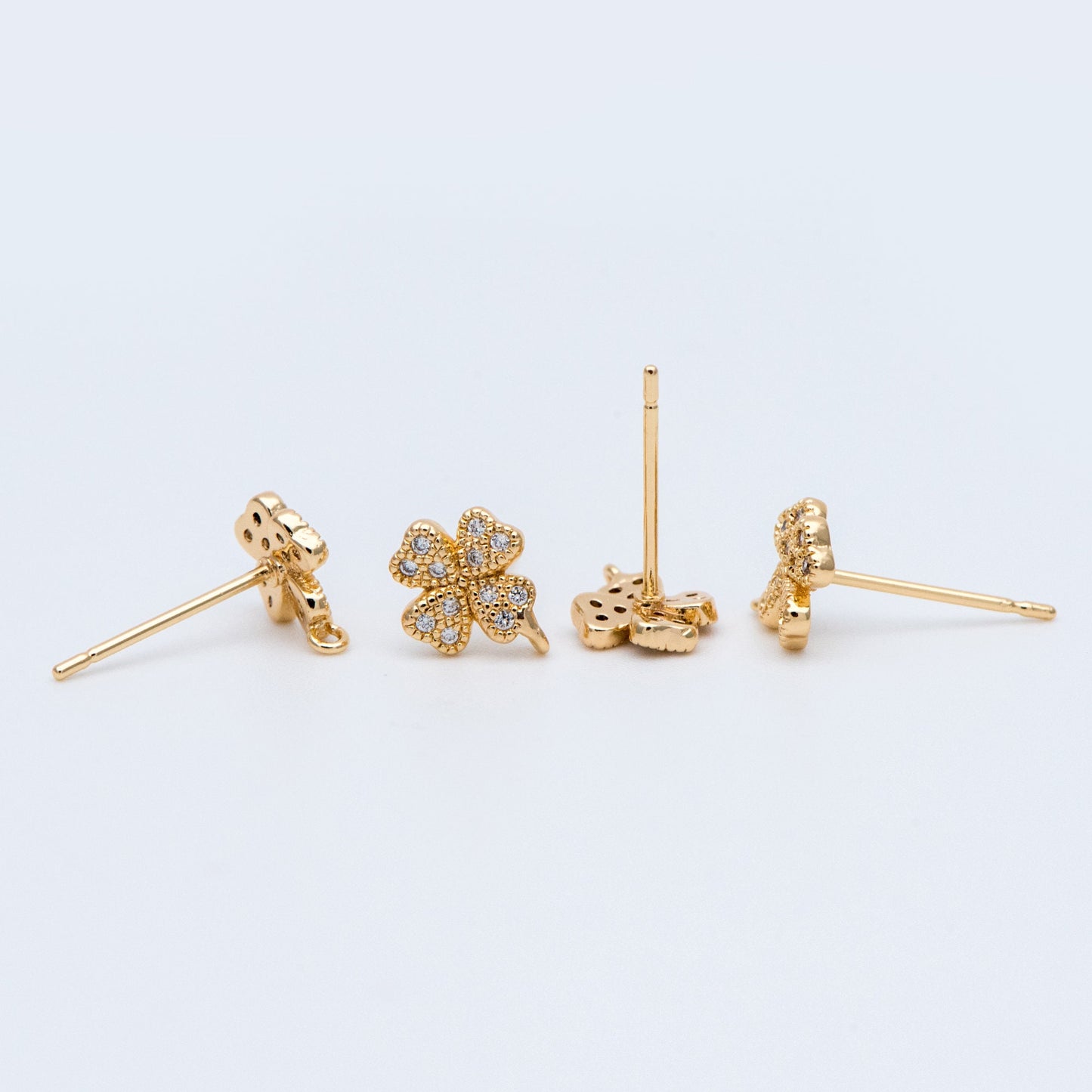 10pcs CZ Pave Gold Clover Ear Posts 9x7mm, Gold Plated Brass Stud Earrings, DIY Ear Findings (GB-768)