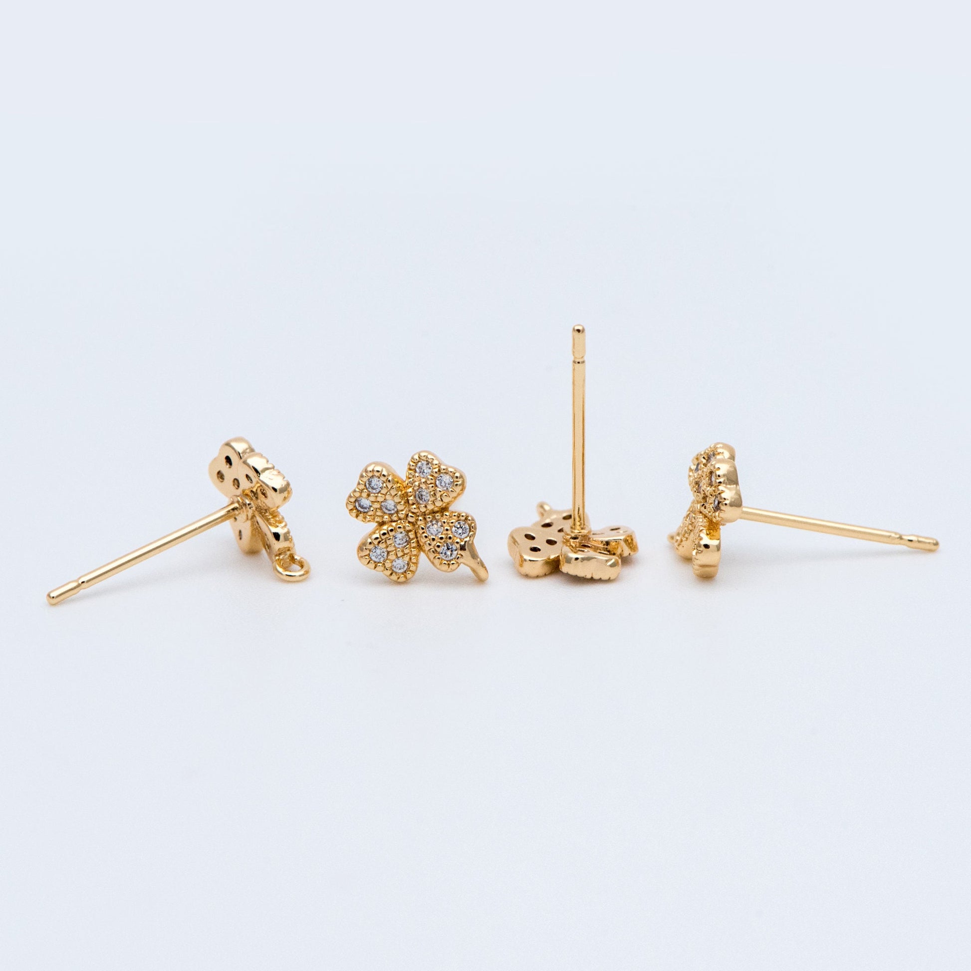 10pcs CZ Pave Gold Clover Ear Posts 9x7mm, Gold Plated Brass Stud Earrings, DIY Ear Findings (GB-768)