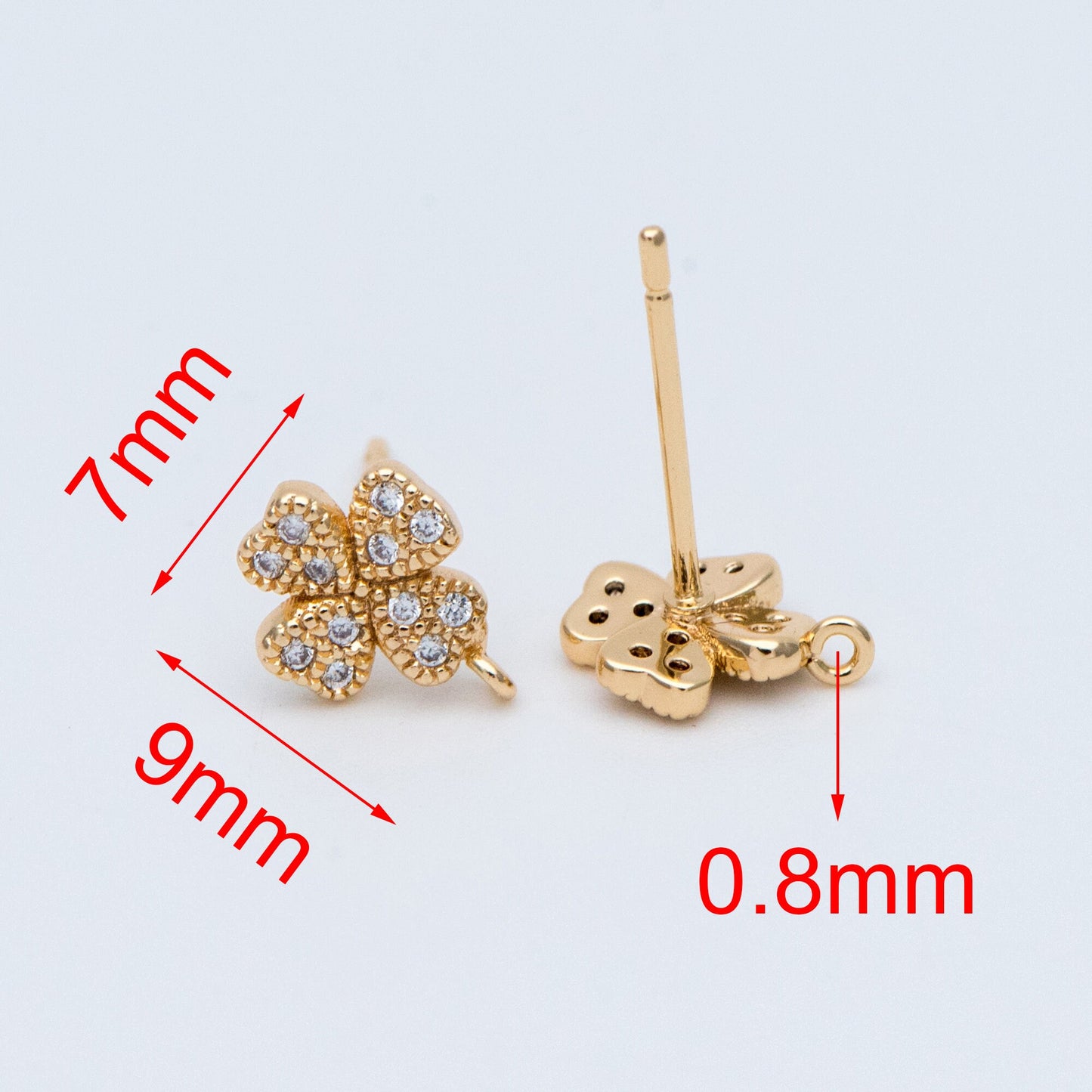10pcs CZ Pave Gold Clover Ear Posts 9x7mm, Gold Plated Brass Stud Earrings, DIY Ear Findings (GB-768)