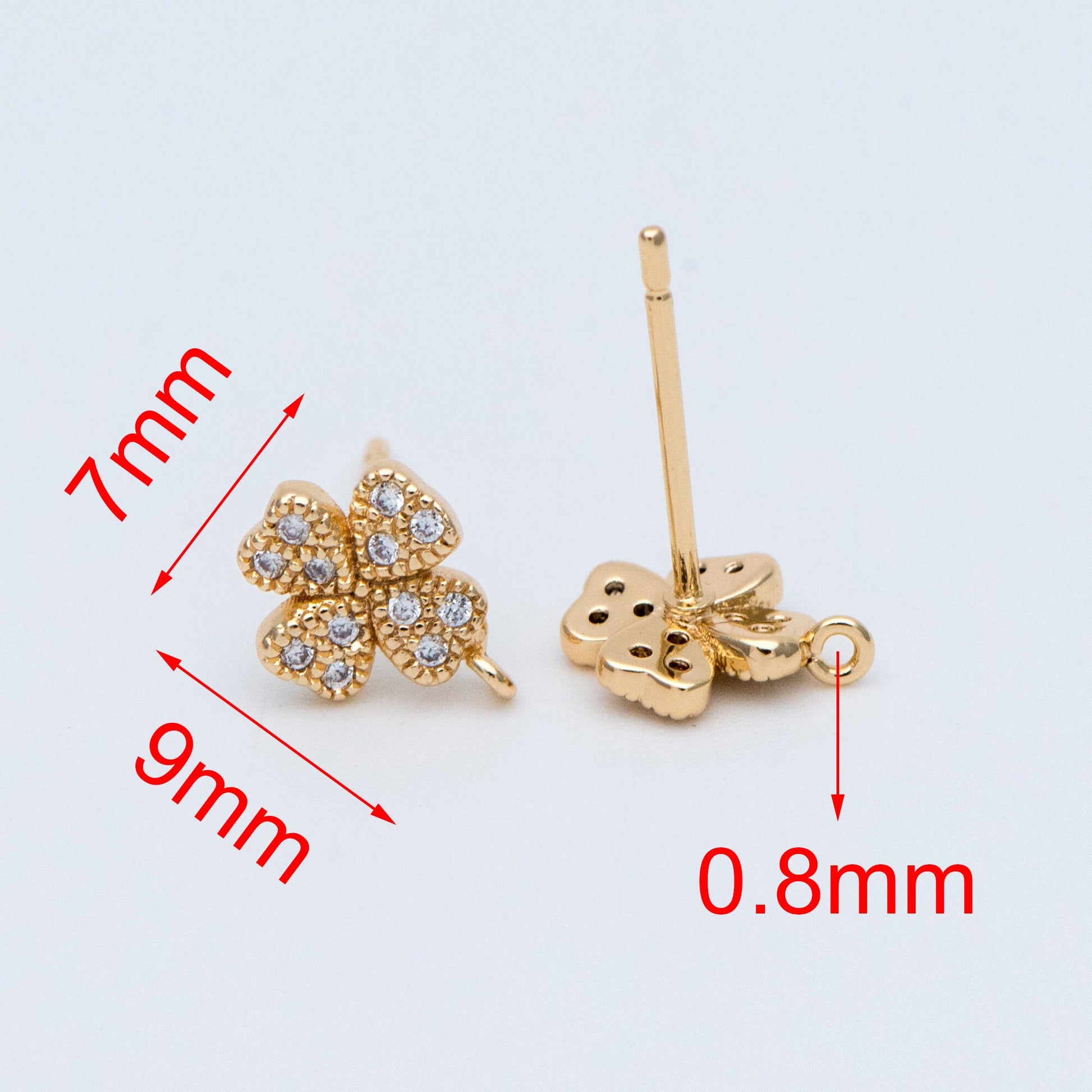 10pcs CZ Pave Gold Clover Ear Posts 9x7mm, Gold Plated Brass Stud Earrings, DIY Ear Findings (GB-768)