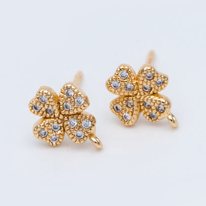 10pcs CZ Pave Gold Clover Ear Posts 9x7mm, Gold Plated Brass Stud Earrings, DIY Ear Findings (GB-768)