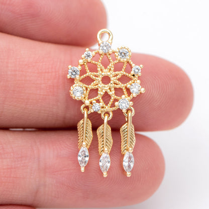 4pcs CZ Pave Gold Dreamcatcher Charms 27x14mm, Earring Part, Necklace Charm (GB-4639-C)
