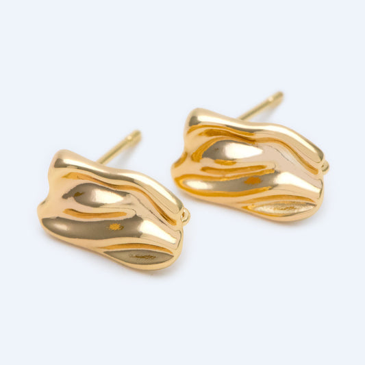 10pcs Gold Waved Rectangle Earring with Loop, 13x8.5mm, 18K Gold plated Brass, Geometric Stud Earring Components (GB-1296)