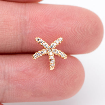 10pcs CZ Pave Starfish Ear Post with Loop, Real Gold Plated Brass Star Stud Earrings (#GB-1304)