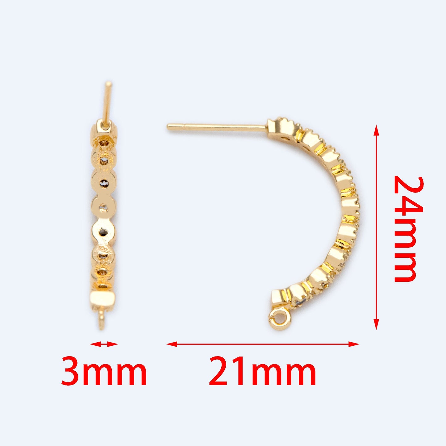10pcs CZ Pave Gold Earring Studs, 18K Gold Plated Brass Ear Posts, Sparkly Bar Earring Components (GB-1307)