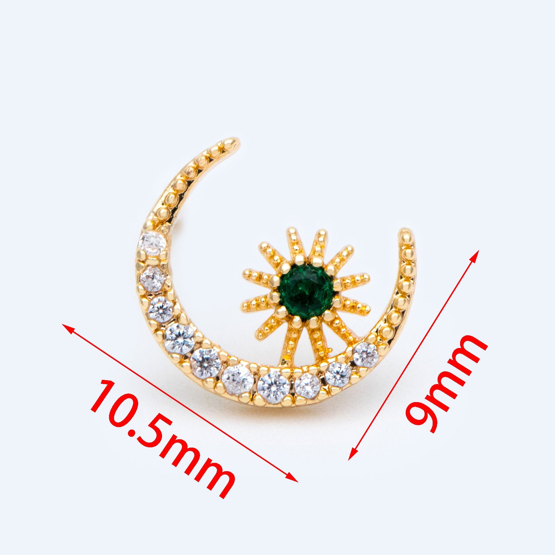 10pcs CZ Pave Moon Ear Posts 10.5x9mm, Real Gold Plated Brass Stud Earrings (#GB-1309)