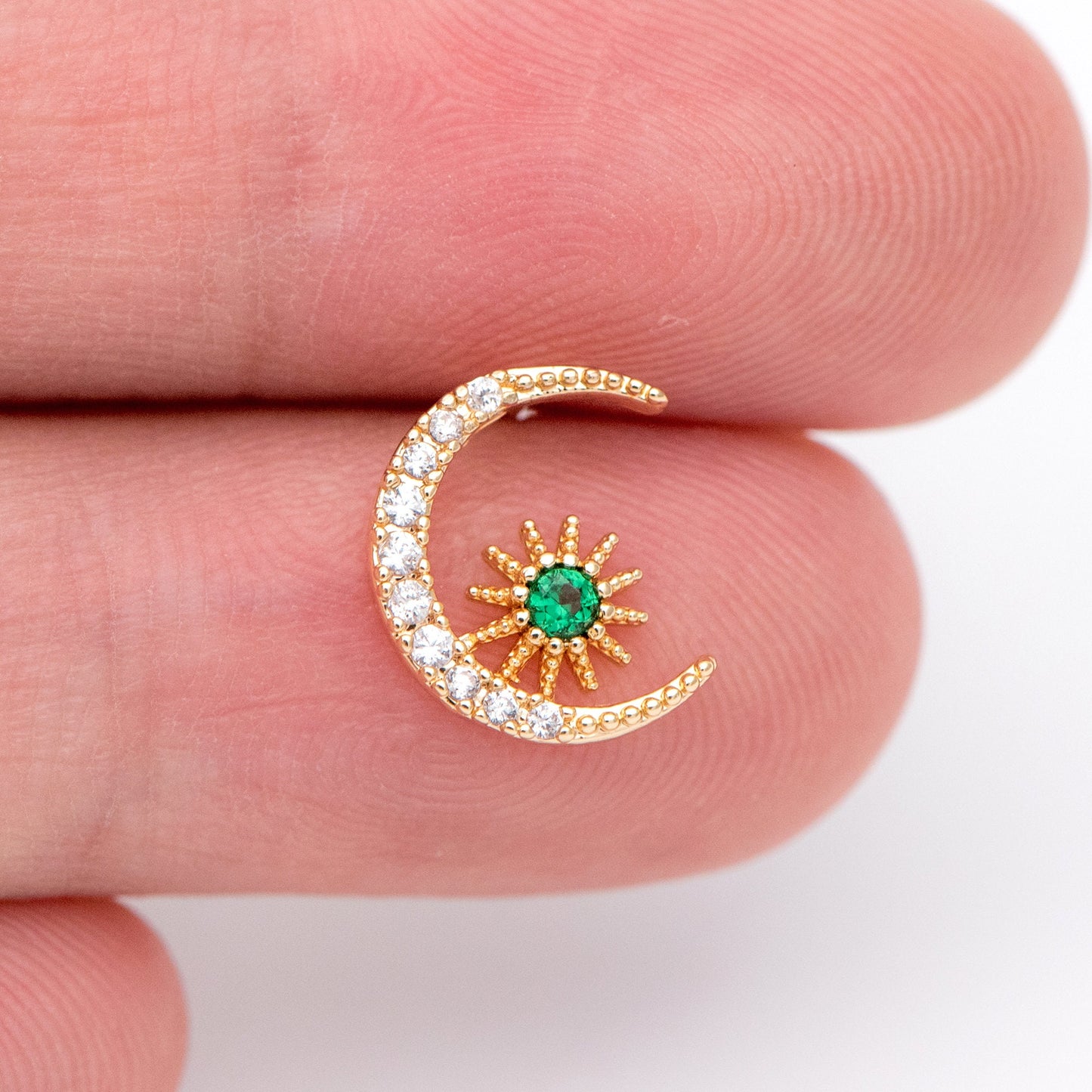 10pcs CZ Pave Moon Ear Posts 10.5x9mm, Real Gold Plated Brass Stud Earrings (#GB-1309)