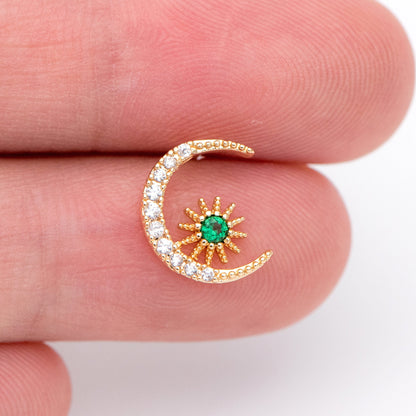 10pcs CZ Pave Moon Ear Posts 10.5x9mm, Real Gold Plated Brass Stud Earrings (#GB-1309)