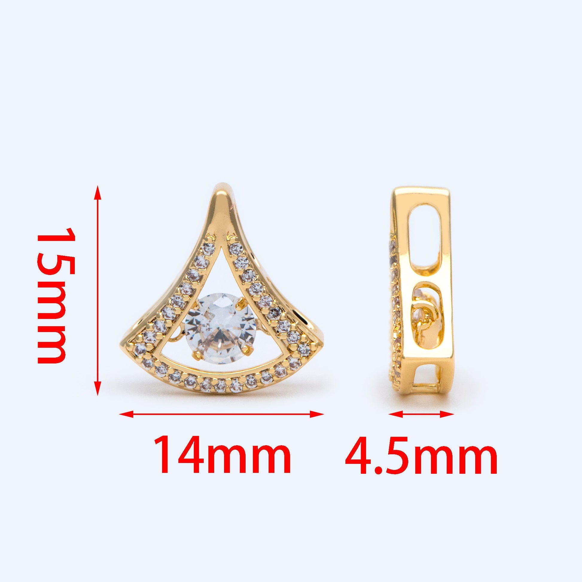 4pcs CZ Pave Gold Fan Shaped Charm 15x14mm, 18K Gold plated Gingko Leaf charm (GB-3118-I)