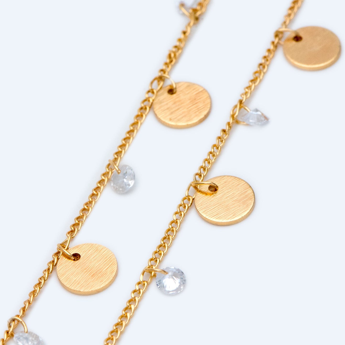 Gold Chain with Disc and CZ Charms, Curb Chain with Brushed Gold Disk, Lead Nickel Free (#LK-220-1)/ 1 Meter=3.3ft