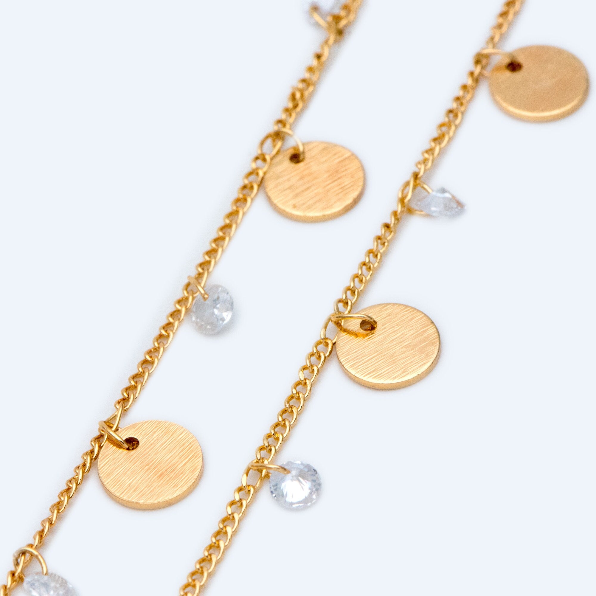 Gold Chain with Disc and CZ Charms, Curb Chain with Brushed Gold Disk, Lead Nickel Free (#LK-220-1)/ 1 Meter=3.3ft