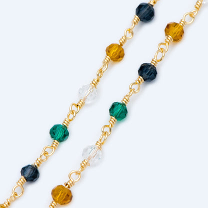 Glass Rondelle Bead Chain 3.5mm, 18K Gold plated on Brass Beaded Chains, Multi Colors Crystal (#LK-221-1)/ 1 Meter=3.3ft