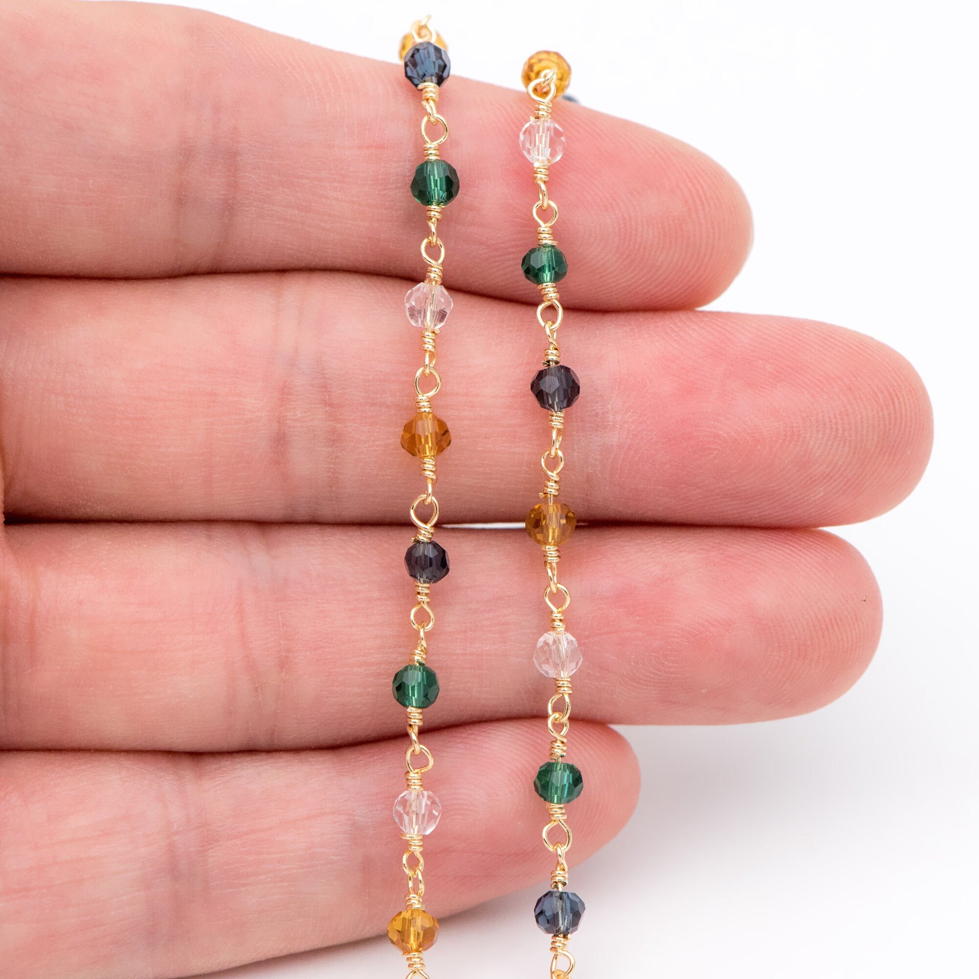 Glass Rondelle Bead Chain 3.5mm, 18K Gold plated on Brass Beaded Chains, Multi Colors Crystal (#LK-221-1)/ 1 Meter=3.3ft