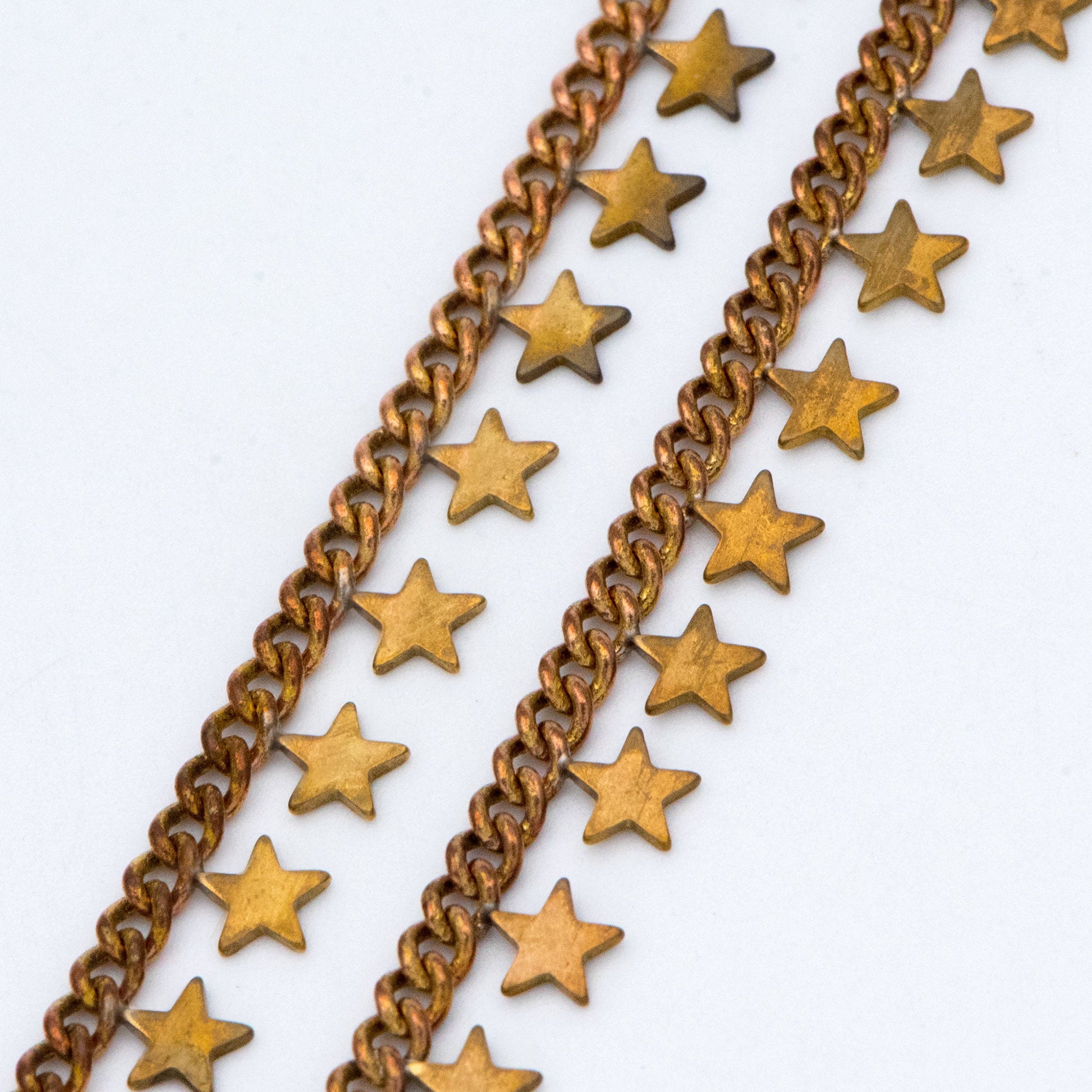 Raw Brass Star Beaded Chain, Unplated Curb Chain with Star Charms, Vintage Styled (#LK-222-RB)/ 1 Meter=3.3ft