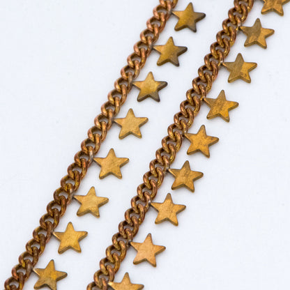 Raw Brass Star Beaded Chain, Unplated Curb Chain with Star Charms, Vintage Styled (#LK-222-RB)/ 1 Meter=3.3ft