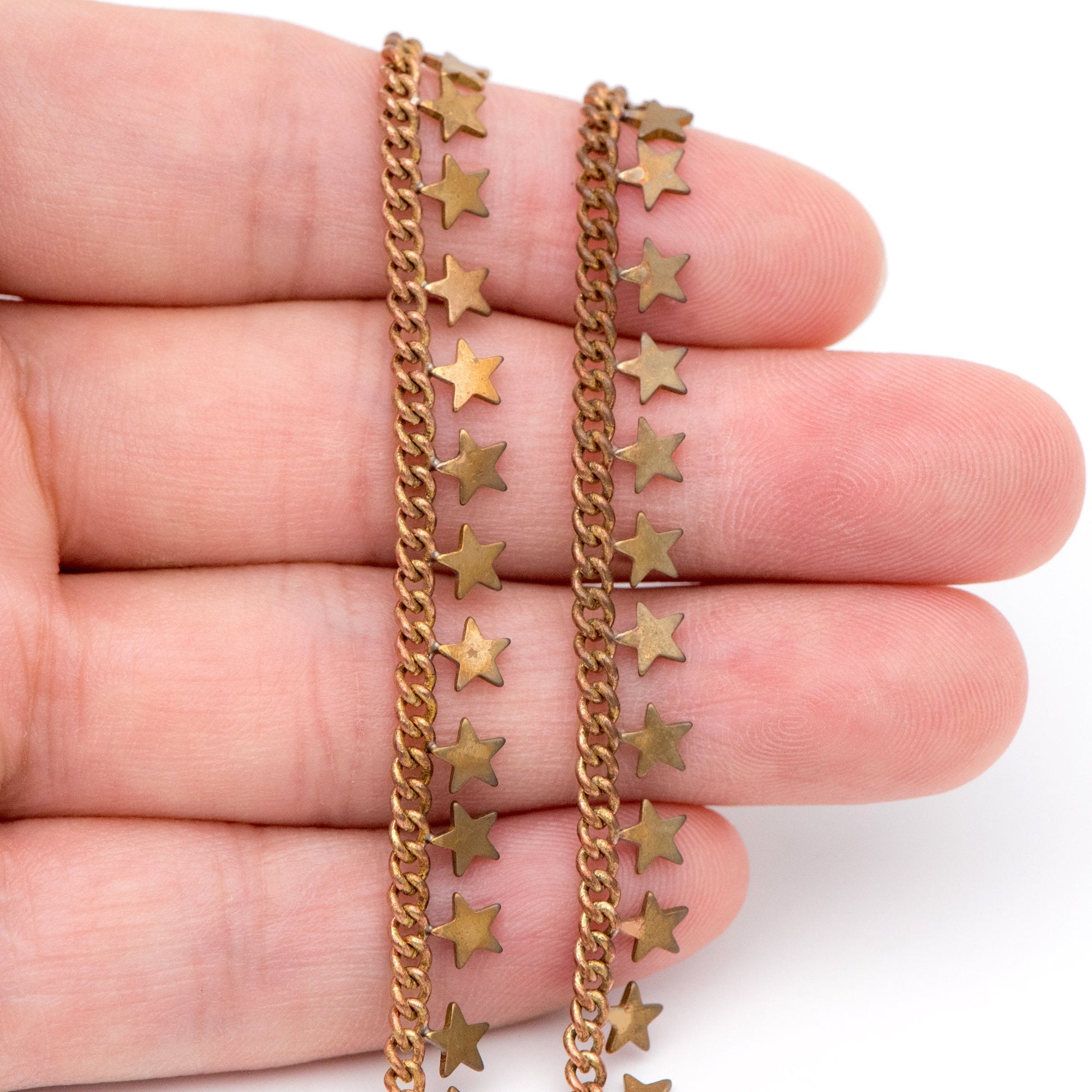 Raw Brass Star Beaded Chain, Unplated Curb Chain with Star Charms, Vintage Styled (#LK-222-RB)/ 1 Meter=3.3ft