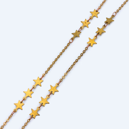 Raw Brass Star Beaded Chain 6.6mm, Unplated Star Link Chain Wholesale (#LK-214-RB)/ 1 Meter=3.3ft