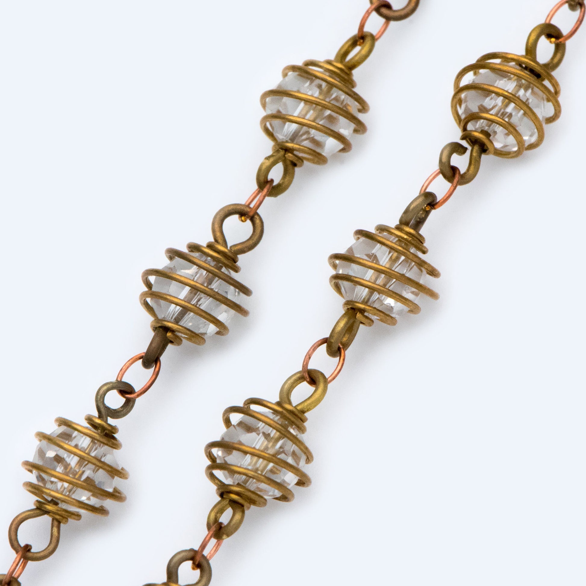 Raw Brass Crystal Bead Chain 7.5mm, Glass Rondelle Beaded Chain, Handmade Wire Chain Wholesale (#LK-218-RB)/ 1 Meter=3.3ft