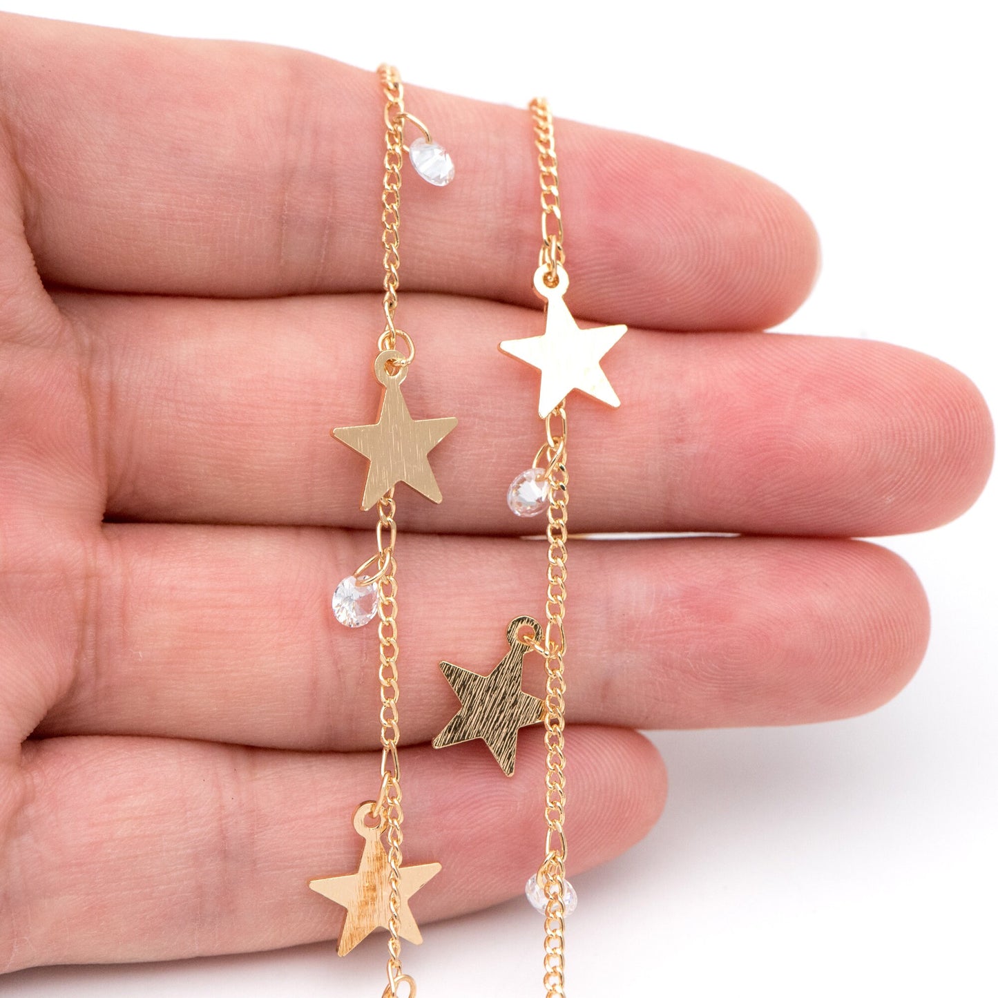 Gold Chain with Star and CZ Charms, 18K Gold plated Brass Curb Chain, Quality Chain for Jewelry Wholesale (#LK-219-1)/ 1 Meter=3.3ft