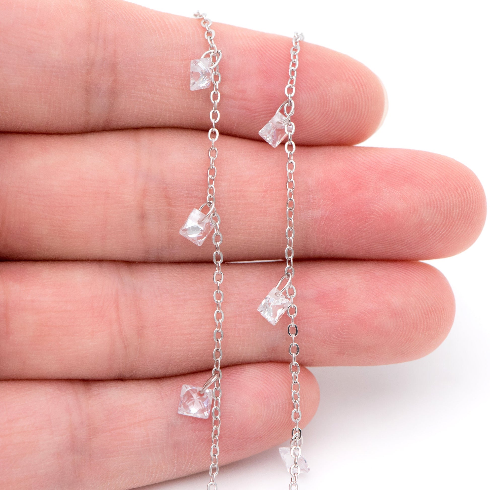 Gold/ Silver tone Beaded Chains, Gold/ Rhodium plated Brass Chain with CZ Beads 4mm (#LK-192)/ 1 Meter=3.3 ft