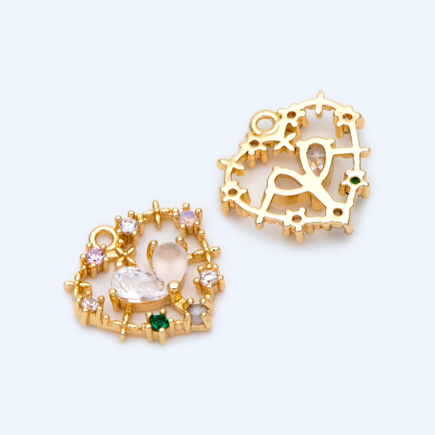 4pcs CZ pave Gold Heart Pendants 14.5x14mm, 18K Gold plated Brass, Rhinestone Heart Charms (GB-2782-I)