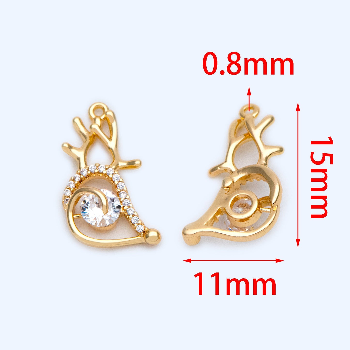 4pcs CZ Pave Gold Buck horn Pendants 15x11mm, Real 18K Gold plated Brass, Deer Horn Antlers Charms (GB-2517-G)