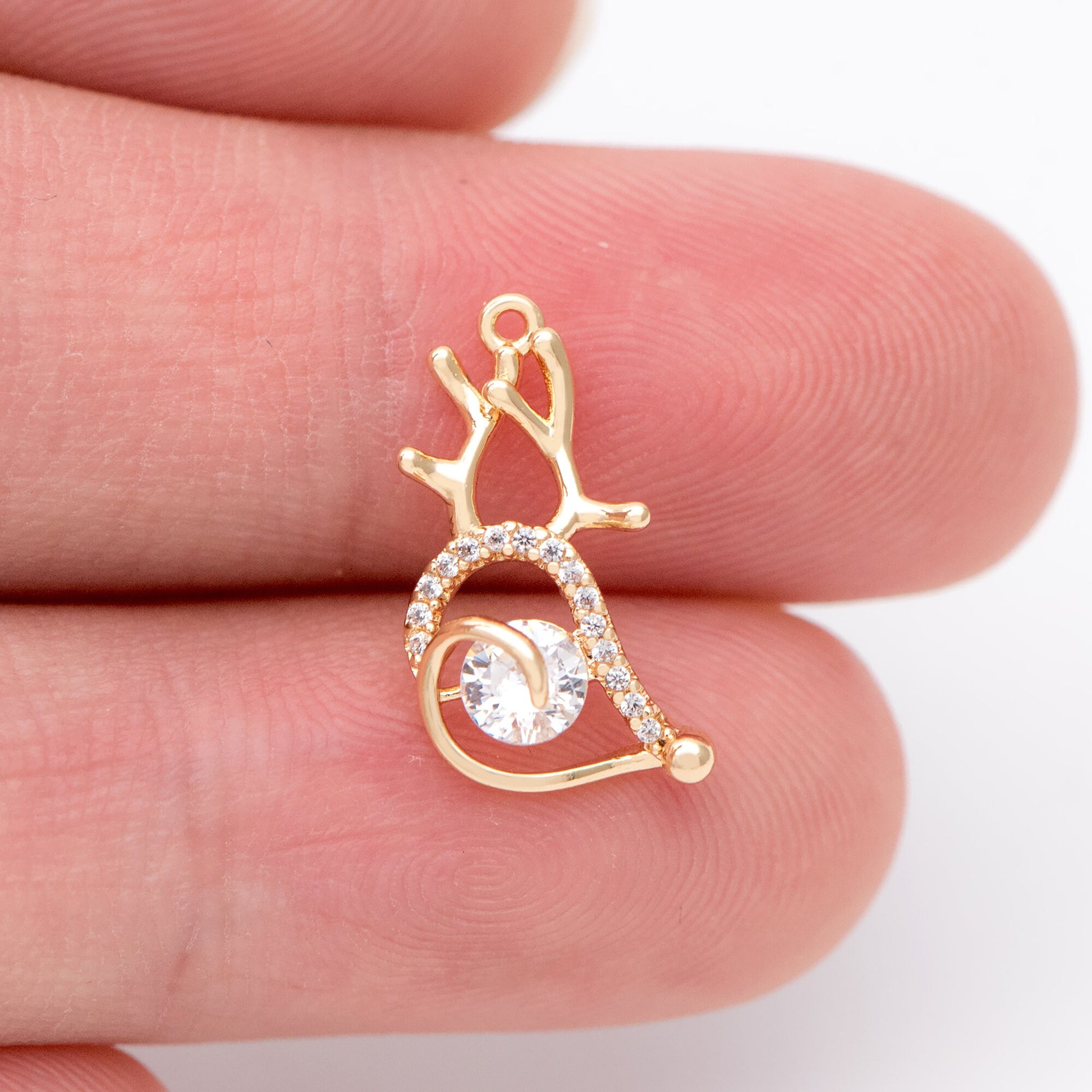 4pcs CZ Pave Gold Buck horn Pendants 15x11mm, Real 18K Gold plated Brass, Deer Horn Antlers Charms (GB-2517-G)