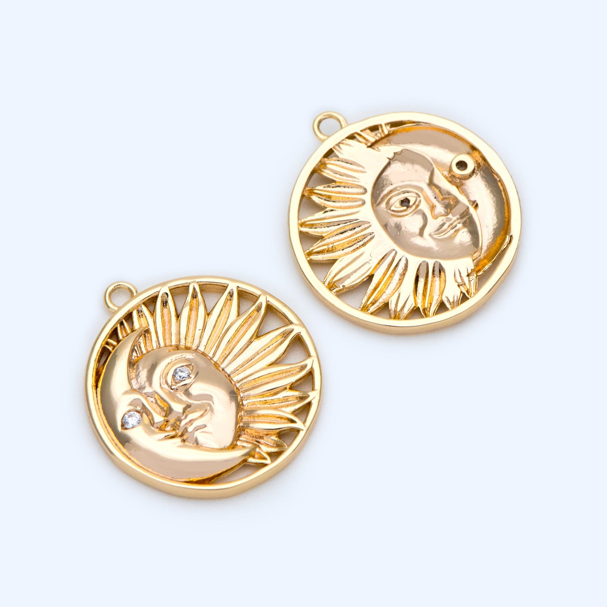 4pcs Sun and Moon Charms 21x19mm, 18K Gold plated Brass, CZ pave Sun Pendants (GB-2991-A)