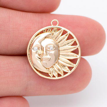 4pcs Sun and Moon Charms 21x19mm, 18K Gold plated Brass, CZ pave Sun Pendants (GB-2991-A)