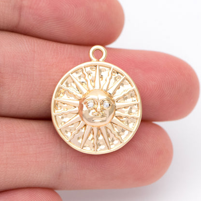 4pcs Gold Sun Disk Charms 22x18.5mm, 18K Gold plated Brass, CZ pave Sun Disc Pendants (GB-1232-B)
