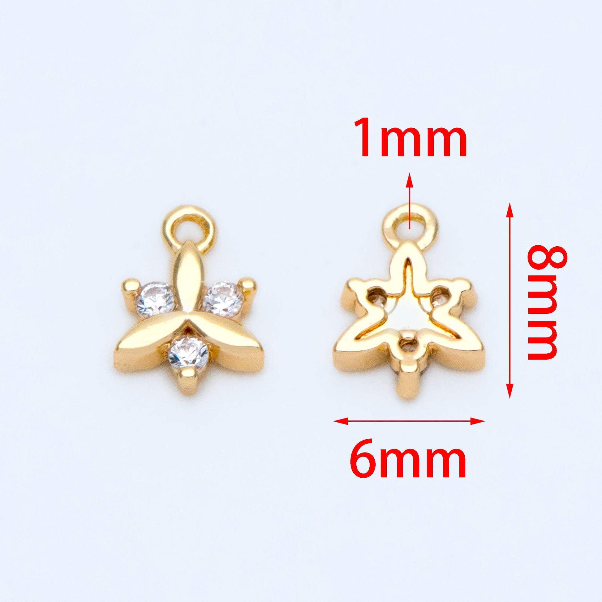 10pcs Gold plated Brass Flower Charms 8x6mm, CZ Pave Mini Clover Pendants (GB-1762-D)