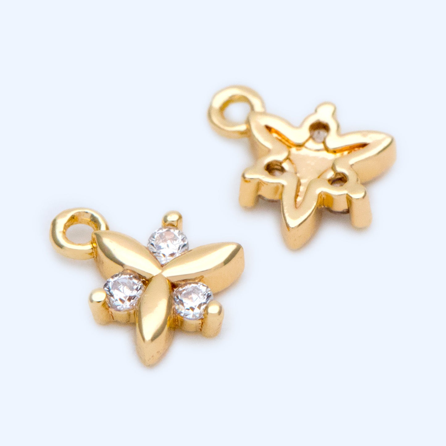 10pcs Gold plated Brass Flower Charms 8x6mm, CZ Pave Mini Clover Pendants (GB-1762-D)