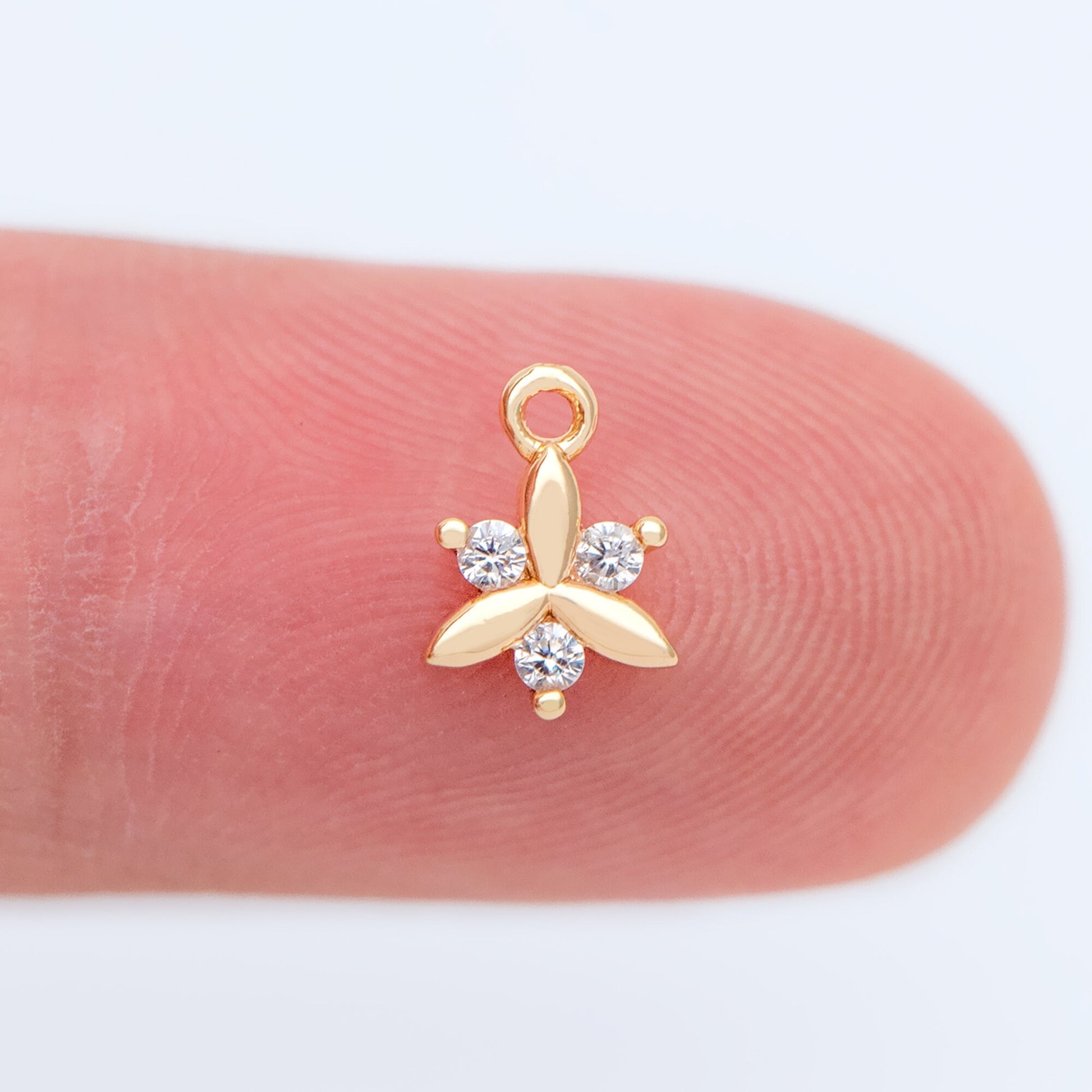 10pcs Gold plated Brass Flower Charms 8x6mm, CZ Pave Mini Clover Pendants (GB-1762-D)