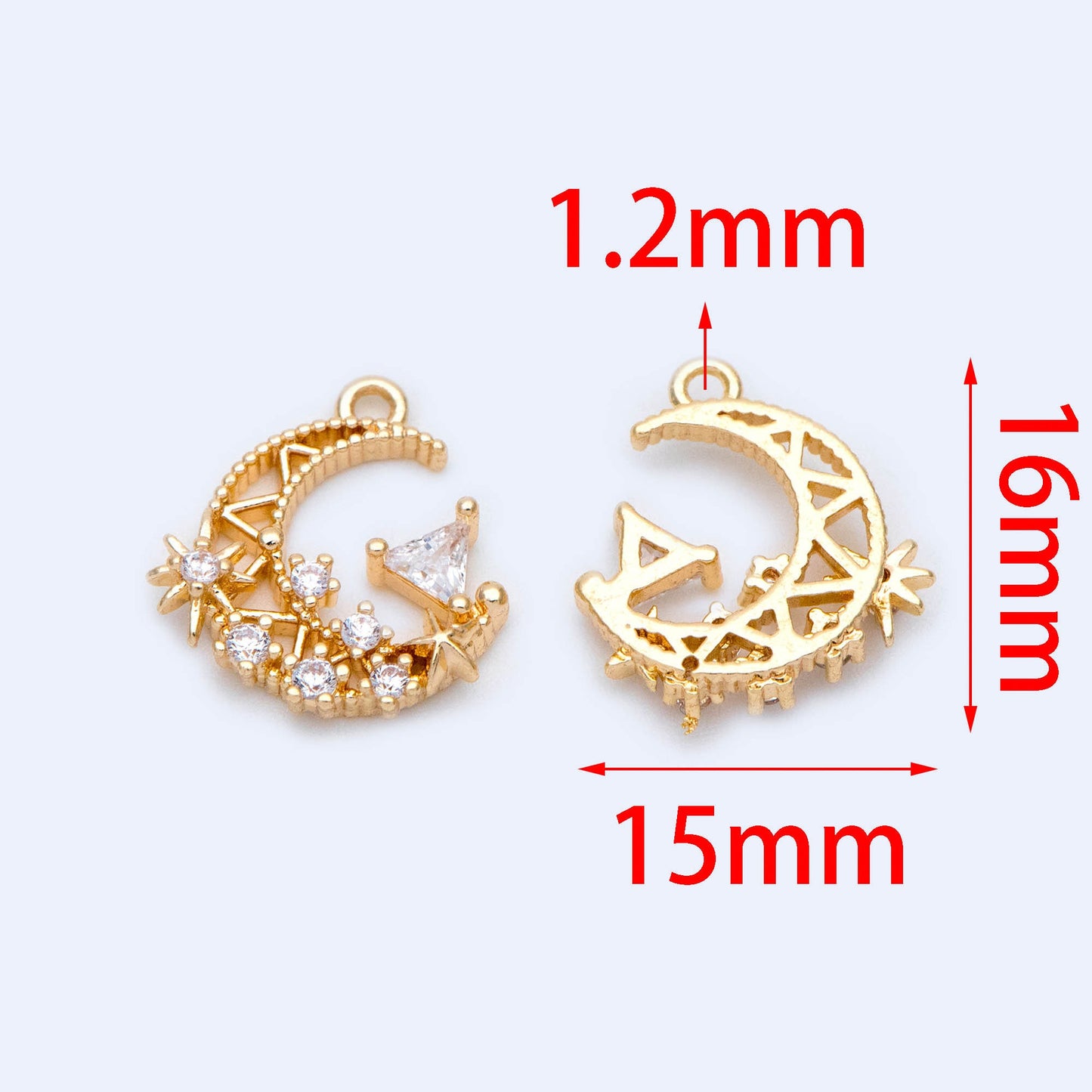 4pcs CZ pave Gold Moon Charms 16x15mm, 18K Gold plated Brass Moon Pendants (GB-2433-L)