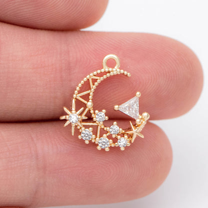 4pcs CZ pave Gold Moon Charms 16x15mm, 18K Gold plated Brass Moon Pendants (GB-2433-L)