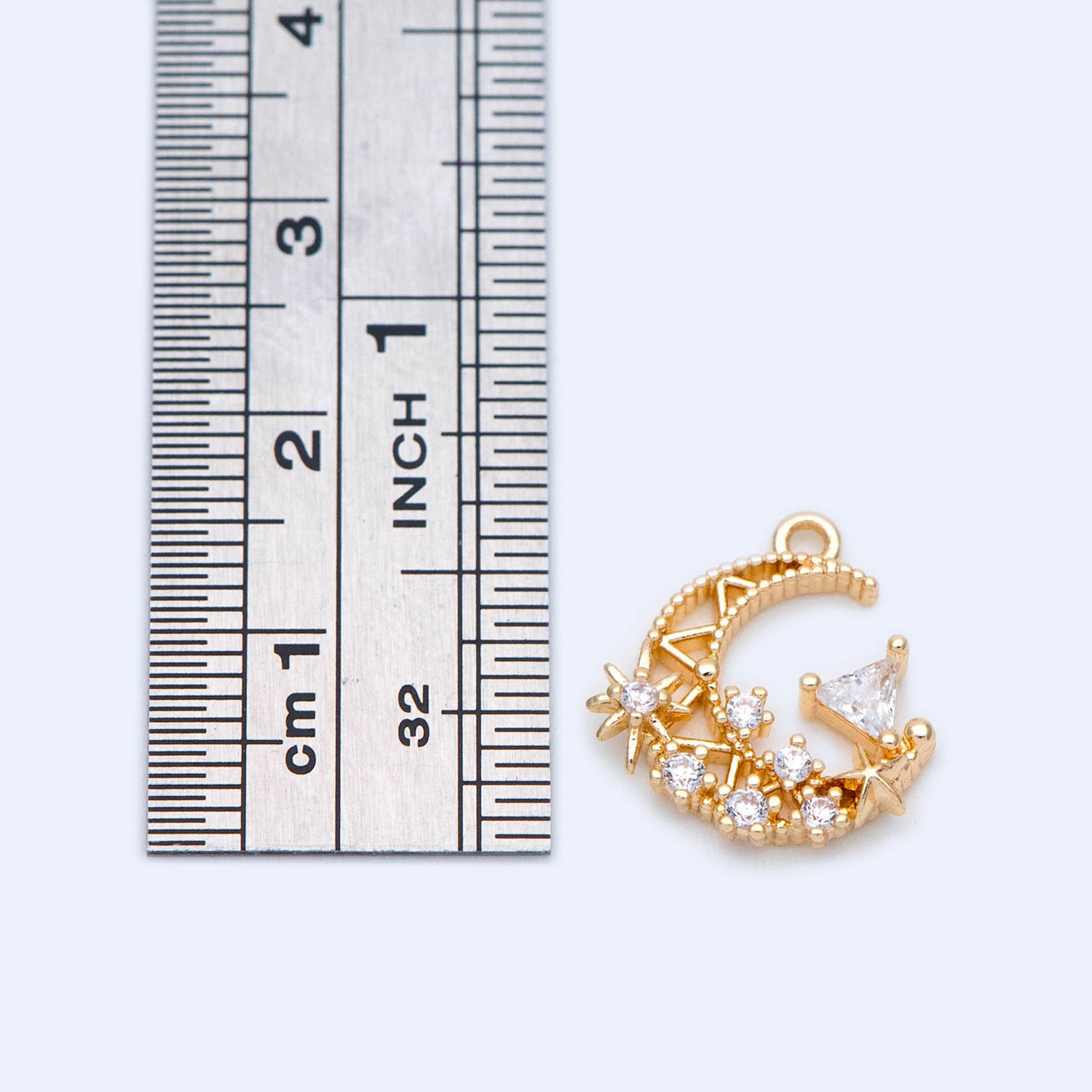4pcs CZ pave Gold Moon Charms 16x15mm, 18K Gold plated Brass Moon Pendants (GB-2433-L)