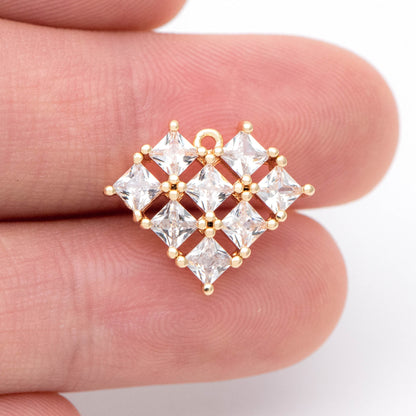 4pcs CZ pave Gold Heart Charms 14x17mm, Gold Plated Brass Heart Pendants (GB-2782-K)