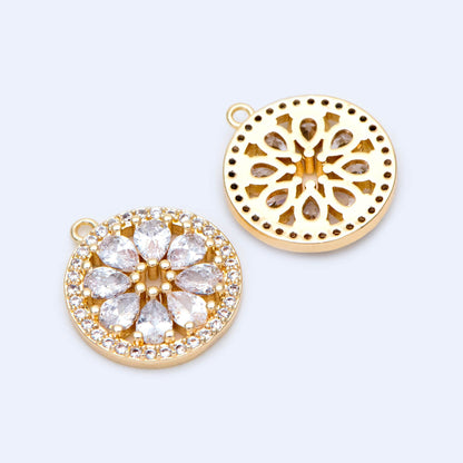 4pcs Gold CZ Round Flower Charms 16.5x15mm, Real Gold plated Brass, Clear Rhinestone Pendants (GB-1176)