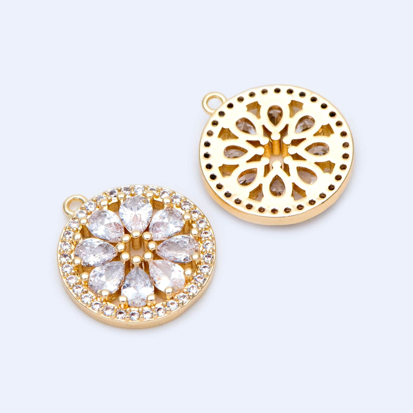 4pcs Gold CZ Round Flower Charms 16.5x15mm, Real Gold plated Brass, Clear Rhinestone Pendants (GB-3579-B)