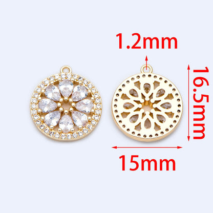 4pcs Gold CZ Round Flower Charms 16.5x15mm, Real Gold plated Brass, Clear Rhinestone Pendants (GB-1176)
