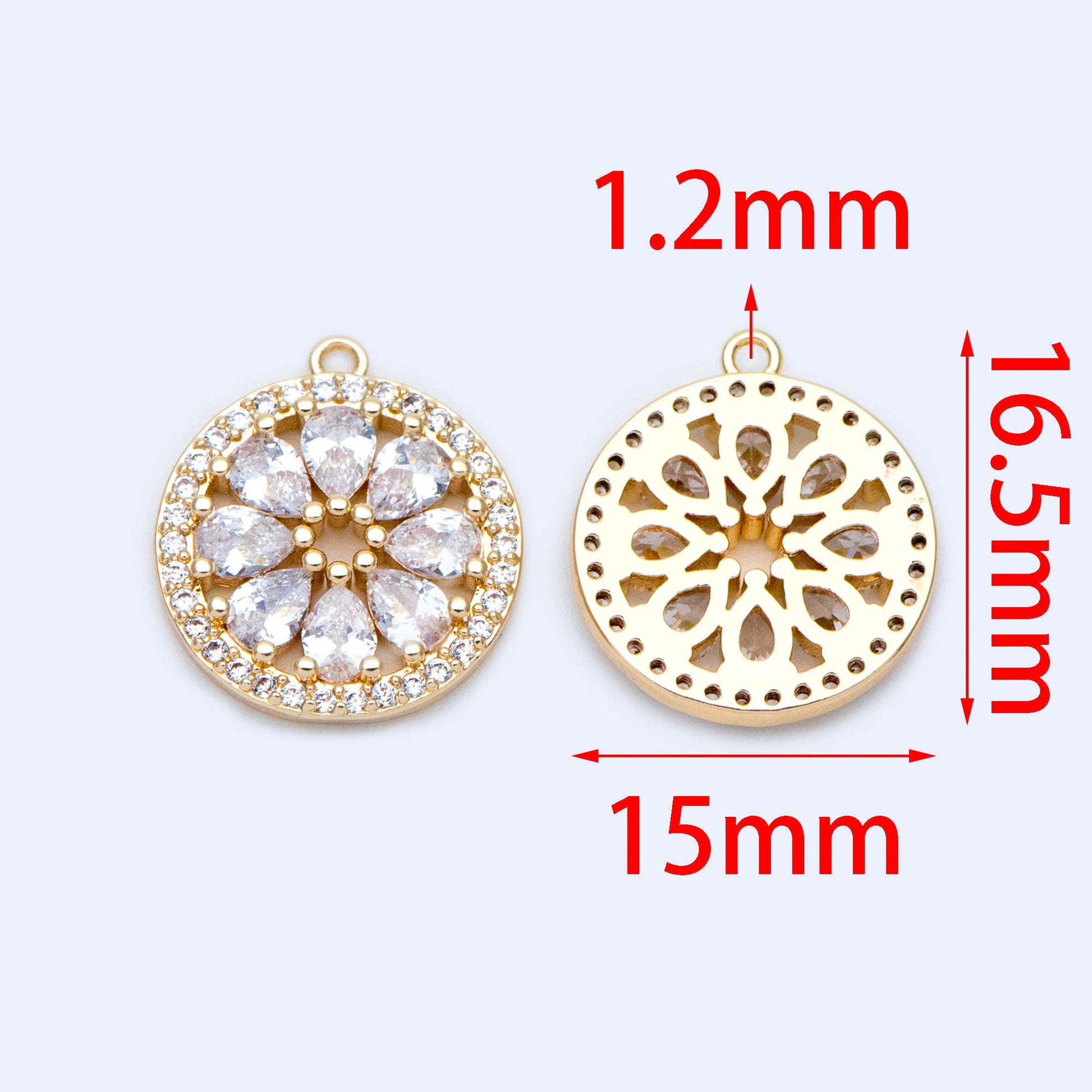 4pcs Gold CZ Round Flower Charms 16.5x15mm, Real Gold plated Brass, Clear Rhinestone Pendants (GB-1176)