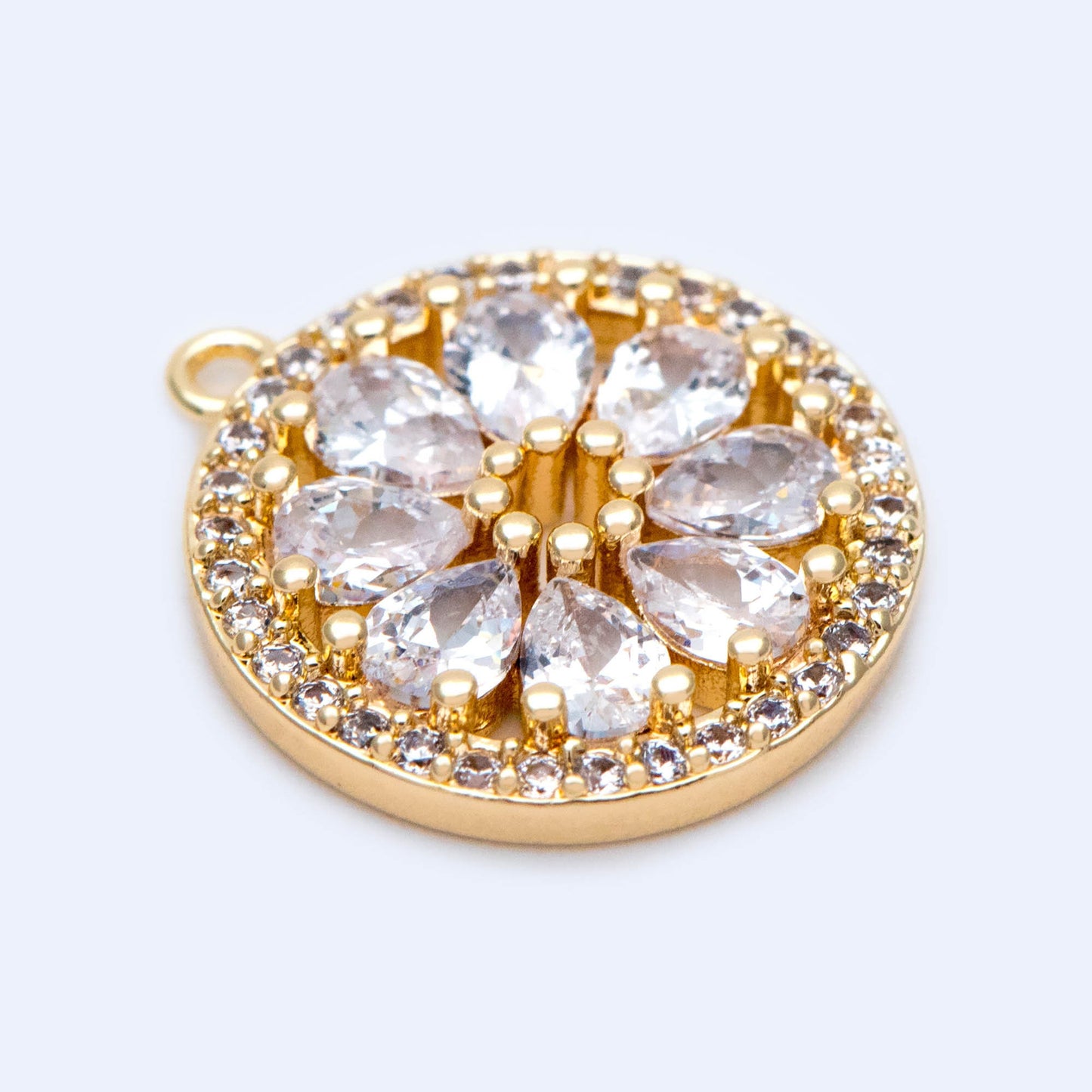 4pcs Gold CZ Round Flower Charms 16.5x15mm, Real Gold plated Brass, Clear Rhinestone Pendants (GB-1176)