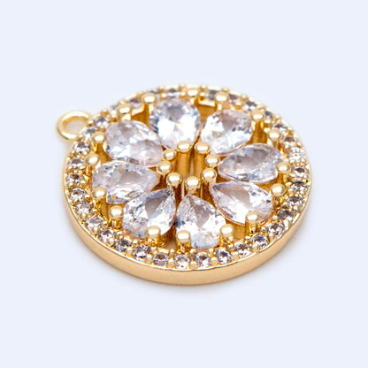 4pcs Gold CZ Round Flower Charms 16.5x15mm, Real Gold plated Brass, Clear Rhinestone Pendants (GB-1176)