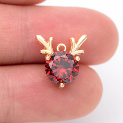 4pcs CZ Pave Deer Head Charms 13mm, 18K Gold Plated Brass, Reindeer Pendants for Christmas (GB-713-I)