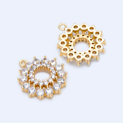 4pcs Gold CZ Flower Charms 20x17mm, Real Gold plated Brass, Clear Rhinestone Pendants (GB-3579-G)